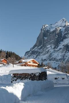 A chalet in a snowed alpine village