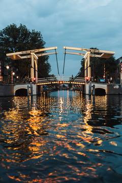 The Magere Brug in Amsterdam lit at night